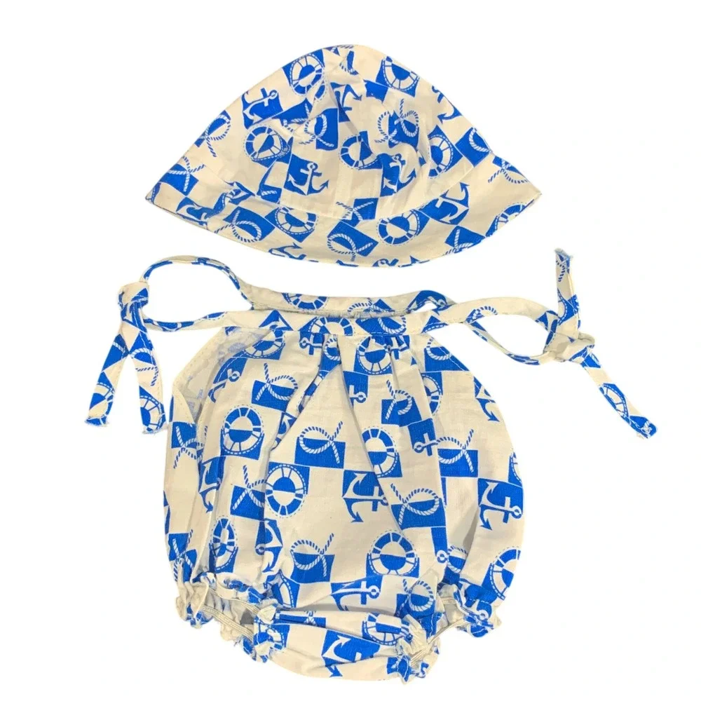 VTG My Friend Doll Nautical Anchor Romper and Hat Set Blue White Summer Outfit